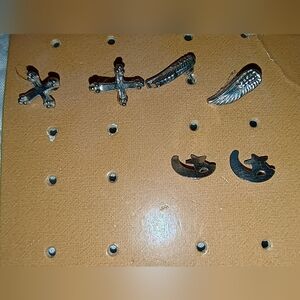 3 Sets Of Silver Tone Post Earrings--Cross, Wing Earring & Moon/Star